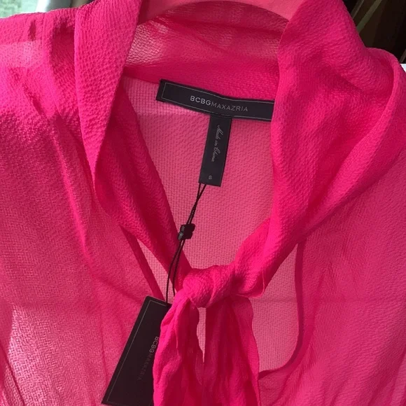 BCBG Basha Begonia Barbie Pink Bow Tie Long Silk Sheer Chiffon Tiered Maxi Dress